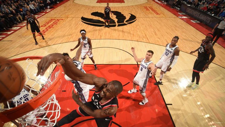 Serge Ibaka throws down an emphatic dunk against the Kings