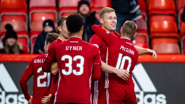 Aberdeen's Sam Cosgrove celebrates with his team-mates after scoring to make it 1-0 during the Ladbrokes Premiership match between Aberdeen and St Mirren at Pittodrie