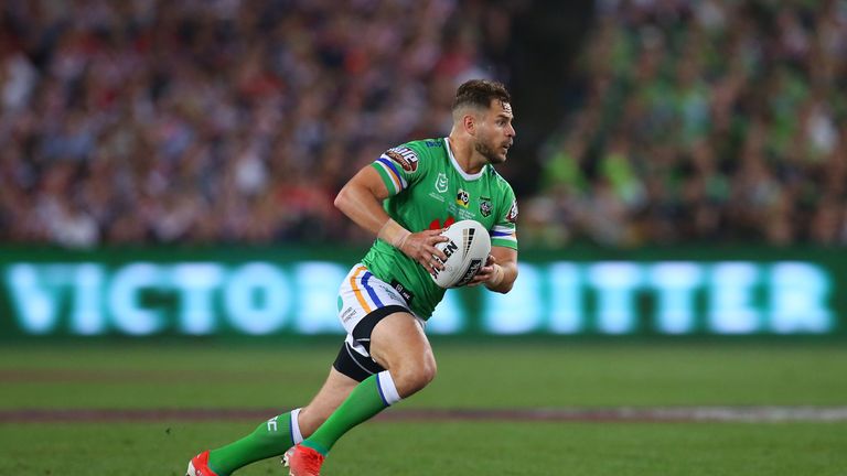 SYDNEY, AUSTRALIA - OCTOBER 06: Aidan Sezer of the Raiders runs the ball during the 2019 NRL Grand Final match between the Canberra Raiders and the Sydney Roosters at ANZ Stadium on October 06, 2019 in Sydney, Australia. (Photo by Jason McCawley/Getty Images)