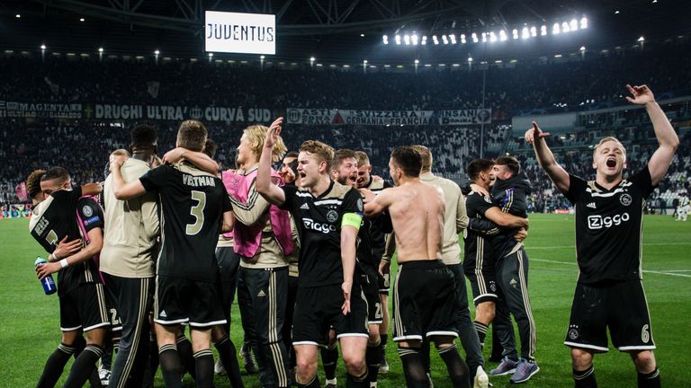 Ajax celebrate their victory over Juventus in the quarter-finals of the Champions League last term