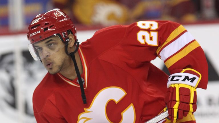 CALGARY, CANADA - APRIL 7: Akim Aliu of the Calgary Flames skates during the warm up before playing the Anaheim Ducks in NHL action on April 7, 2012 at the Scotiabank Saddledome in Calgary, Alberta, Canada. 