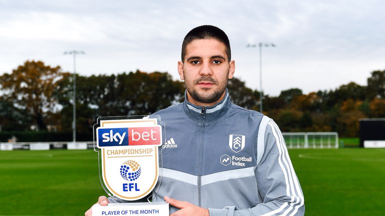 Aleksandar Mitrovic of Fulham wins the Sky Bet Championship Player of the Month award for October 2019 - Mandatory by-line: Patrick Khachfe/JMP - 06/11/2019 - FOOTBALL - Fulham FC Training Ground - London, England - Sky Bet Player of the Month Award