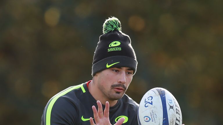 Alex Lozowski catches the ball during the Saracens training session held on November 13, 2019 in St. Albans, England. 
