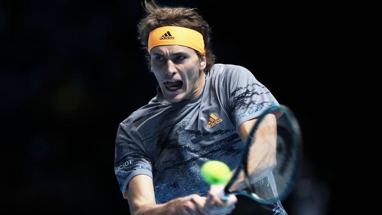 Alexander Zverev of Germany plays a backhand in his singles match against Rafael Nadal of Spain during Day Two of the Nitto ATP World Tour Finals at The O2 Arena on November 11, 2019 in London, England