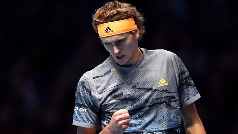 Alexander Zverev of Germany celebrates in his singles match against Rafael Nadal of Spain during Day Two of the Nitto ATP World Tour Finals at The O2 Arena on November 11, 2019 in London, England