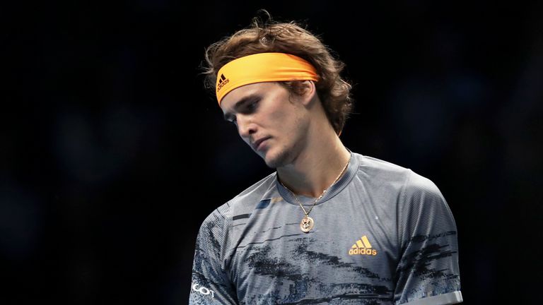 Alexander Zverev of Germany reacts in his singles match against Stefanos Tsitsipas of Greece during Day Four of the Nitto ATP World Tour Finals at The O2 Arena on November 13, 2019 in London, England. 