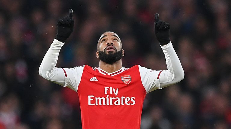 Alexandre Lacazette celebrates after scoring Arsenal's equaliser