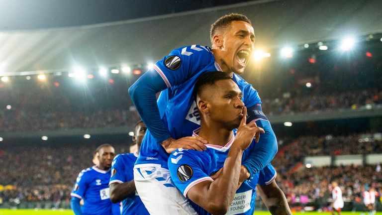 Alfredo Morelos celebrates after scoring to make it 1-1 during the Europa League Group G match between Feyenoord and Rangers