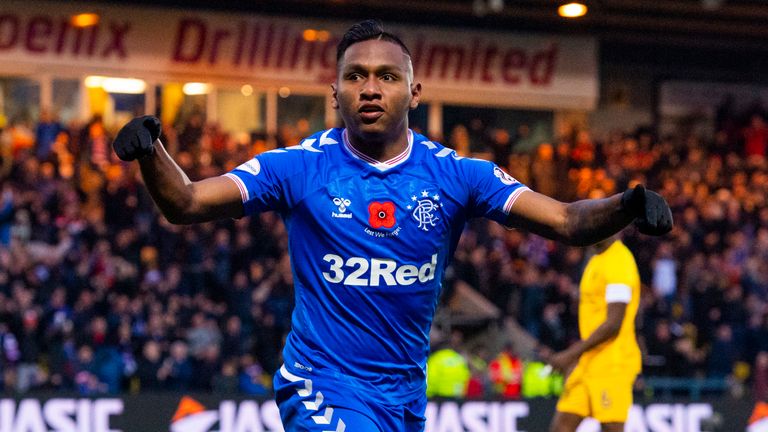 Alfredo Morelos celebrates after scoring to make it 2-0 during the Ladbrokes Premiership match between Livingston and Rangers at the Tony Macaroni Arena on November 10, 2019, in Livingston, Scotland. (