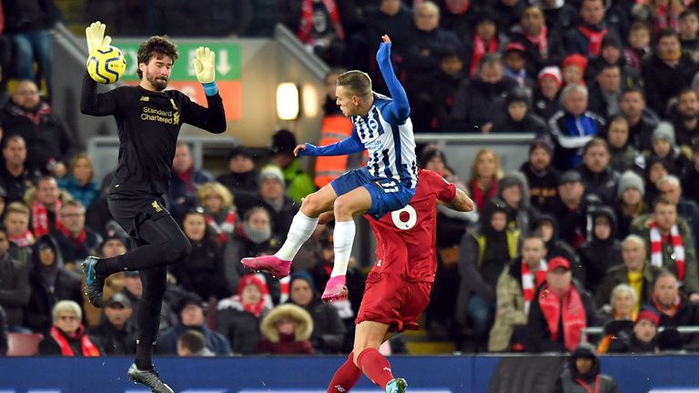 Liverpool goalkeeper Alisson was sent off after handling Leandro Trossard shot against Brighton