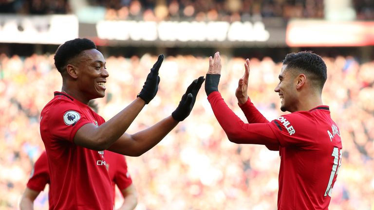 Andreas Pereira celebrates his goal vs Brighton with Manchester United team-mate Anthony Martial