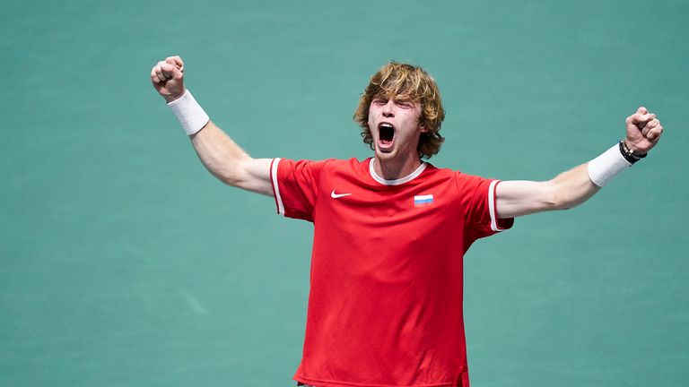 Andrey Rublev of Russia celebrates his winning in the quarter final doubles match between Serbia and Russia during Day Five of the 2019 Davis Cup at La Caja Magica on November 22, 2019 in Madrid, Spain