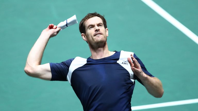 Andy Murray of Great Britain throws his sweat bands into the crowd after his Davis Cup Group Stage match against Tallon Griekspoor of the Netherlands during Day Three of the 2019 Davis Cup at La Caja Magica