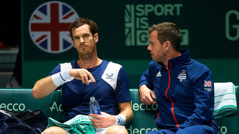 Andy Murray (L) of Great Britain talks with his captain, Leon Smith during his match against Tallon Griekspoor of The Netherlands during Day Three of the 2019 Davis Cup at La Caja Magica on November 20, 2019 in Madrid, Spain.