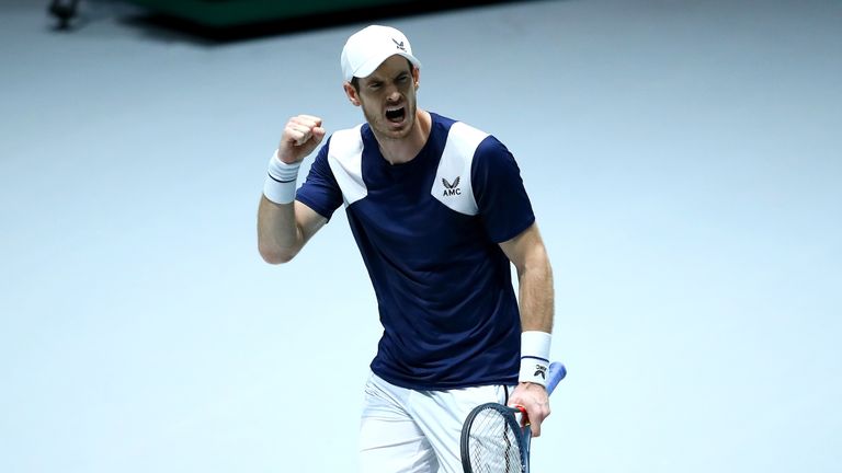 Andy Murray of Great Britain celebrates during his Davis Cup Group Stage match against Tallon Griekspoor of the Netherlands during Day Three of the 2019 Davis Cup at La Caja Magica on November 20, 2019 in Madrid, Spain. 