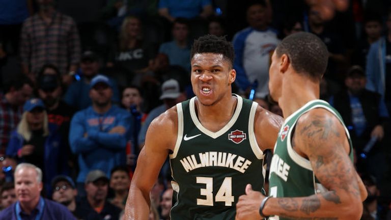 Giannis Antetokounmpo of the Milwaukee Bucks reacts to a play during the game against the Oklahoma City Thunder