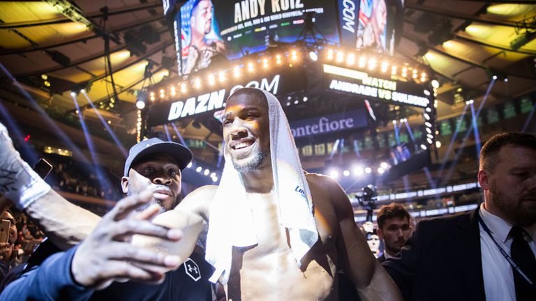 June 1, 2019; New York, NY; IBF, WBA, WBO and IBO heavyweight champion Anthony Joshua and Andy Ruiz during their heavyweight championship bout at Madison Square Garden in New York City.  Mandatory Credit: Mark Robinson/Matchroom Boxing UK