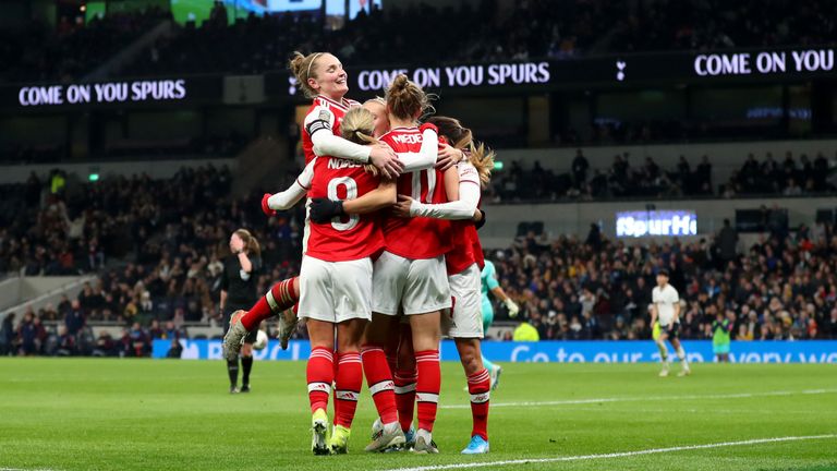 Arsenal Women celebrate at the Tottenham Hotspur Stadium after a 2-0 win over their rivals