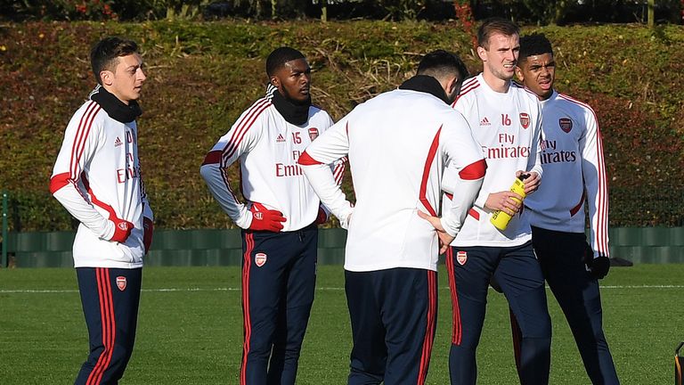 Arsenal Interim Head Coach Freddie Ljungberg talks to the players during a training session at London Colney on November 29, 2019 in St Albans, England. 