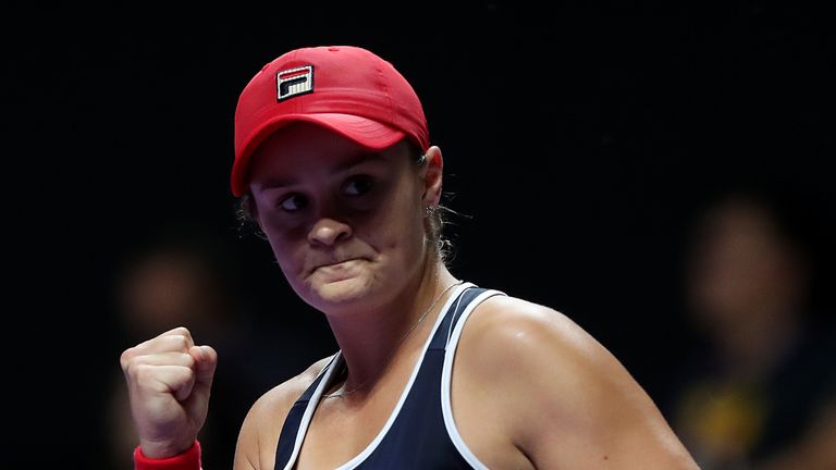 Ashleigh Barty of Australia celebrates a point against Karolina Pliskova of the Czech Republic during their Women's Singles semifinal match on Day Seven of the 2019 Shiseido WTA Finals at Shenzhen Bay Sports Center on November 02, 2019 in Shenzhen, China. 