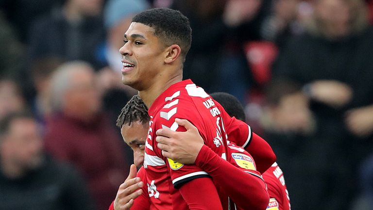 Middlesbrough's Ashley Fletcher celebrates scoring his side's second goal of the game during the Sky Bet Championship match at Riverside Stadium, Middlesbrough.
