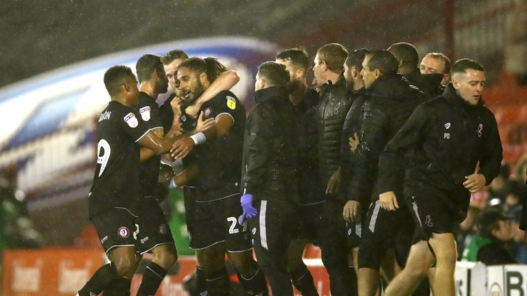 Ashley Williams celebrates scoring for Bristol City against Barnsley 