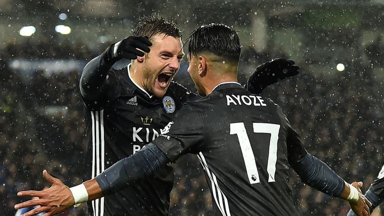 Ayoze Perez celebrates with Jamie Vardy after scoring Leicester's first goal