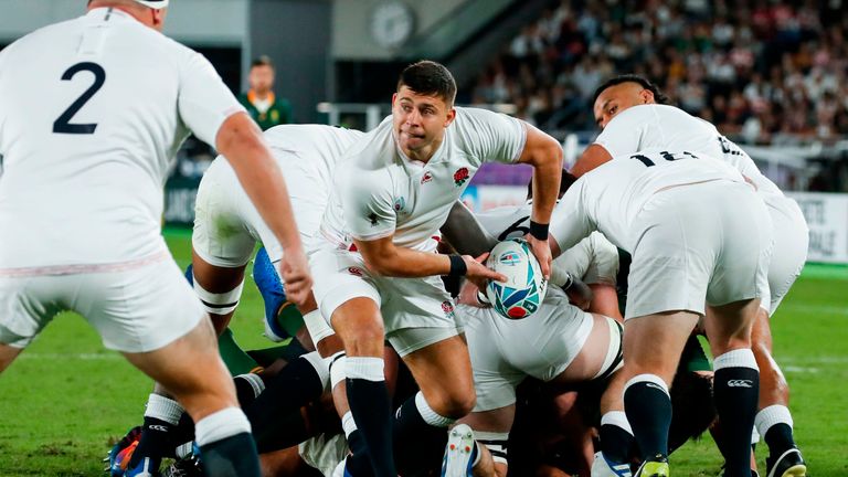 Ben Youngs looks to get the ball away for England
