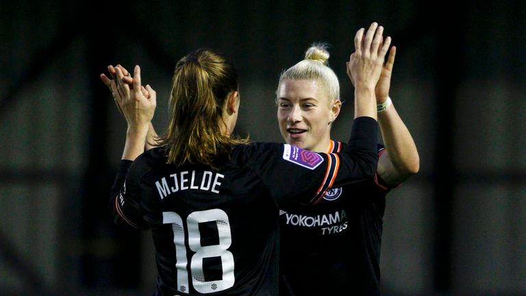 Bethan England celebrates scoring Chelsea's sixth goal with team-mate Maren Mjelde