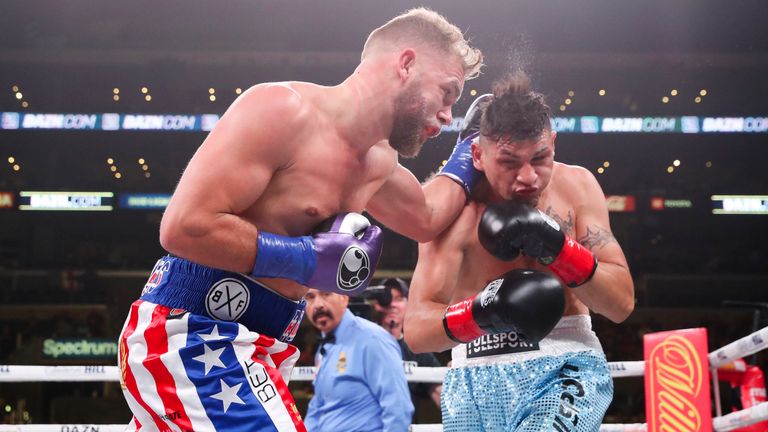 November 9, 2019; Los Angeles, CA, USA; WBO super middleweight champion Billy Joe Saunders and Marcelo Coceres during their bout at the Staples Center in Los Angeles, CA.  Mandatory Credit: Ed Mulholland/Matchroom Boxing USA