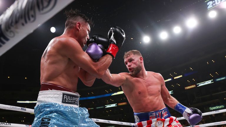 November 9, 2019; Los Angeles, CA, USA; WBO super middleweight champion Billy Joe Saunders and Marcelo Coceres during their bout at the Staples Center in Los Angeles, CA.  Mandatory Credit: Ed Mulholland/Matchroom Boxing USA
