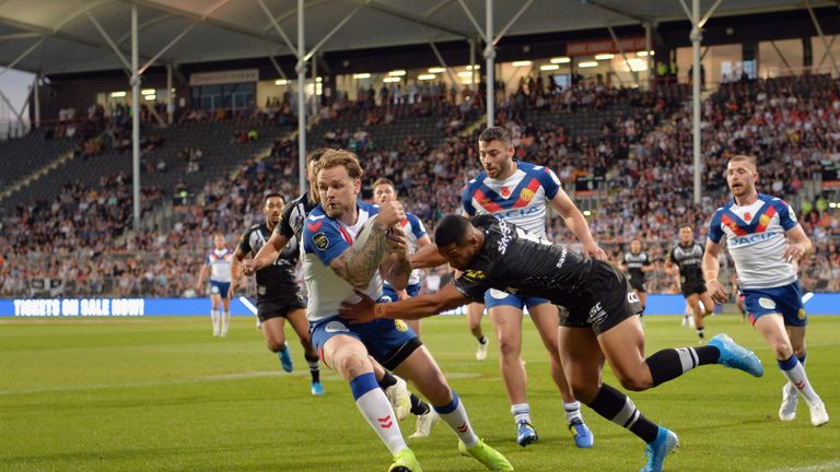 CHRISTCHURCH, NEW ZEALAND - NOVEMBER 09: Blake Austin of Great Britain is tackled during the Rugby League Test match between the New Zealand Kiwis and the Great Britain Rugby League Lions at Orangetheory Stadium on November 09, 2019 in Christchurch, New Zealand. (Photo by Kai Schwoerer/Getty Images)
