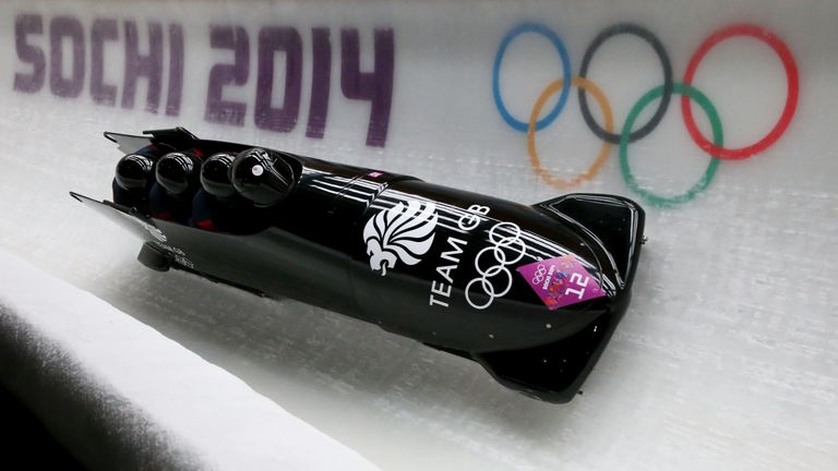 during the Men's Four Man Bobsleigh heats on Day 15 of the Sochi 2014 Winter Olympicsat Sliding Center Sanki on February 22, 2014 in Sochi, Russia.