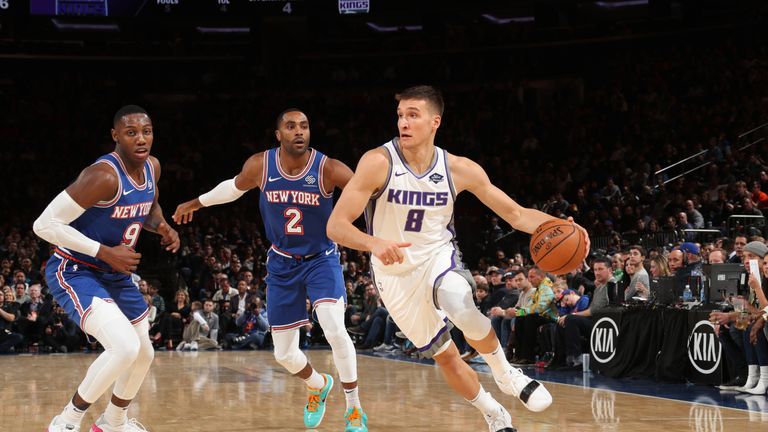 Bogdan Bogdanovic of the Sacramento Kings handles the ball against the New York Knicks