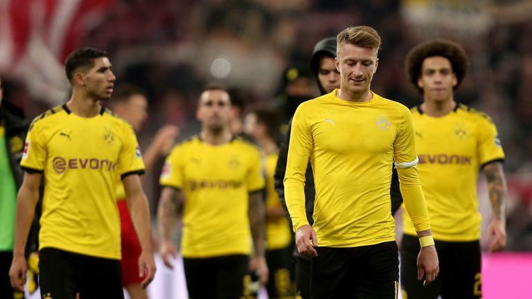 MUNICH, GERMANY - NOVEMBER 09: Marco Reus of Borussia Dortmund and Axel Witsel of Borussia Dortmund looks dejected during the Bundesliga match between FC Bayern Muenchen and Borussia Dortmund at Allianz Arena on November 9, 2019 in Munich, Germany. (Photo by TF-Images/Getty Images)                      