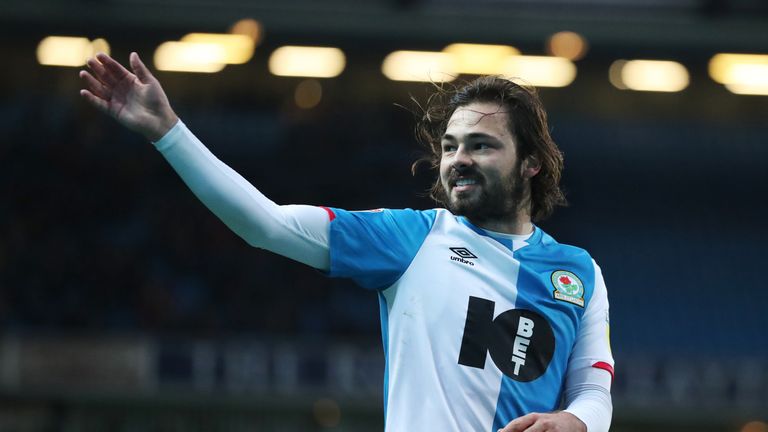 BLACKBURN, ENGLAND - NOVEMBER 23: Bradley Dack of Blackburn Rovers celebrates scoreing his side's first goal  the Sky Bet Championship match between Blackburn Rovers and Barnsley at Ewood Park on November 23, 2019 in Blackburn, England. (Photo by Rachel Holborn - BRFC/Getty Images)