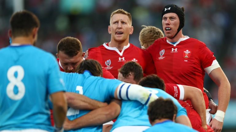 KUMAMOTO, JAPAN - OCTOBER 13: Bradley Davies (l) and Adam Beard (r) of Wales look on during a scrum during the Rugby World Cup 2019 Group D game between Wales and Uruguay at Kumamoto Stadium on October 13, 2019 in Kumamoto, Japan. (Photo by Michael Steele/Getty Images)