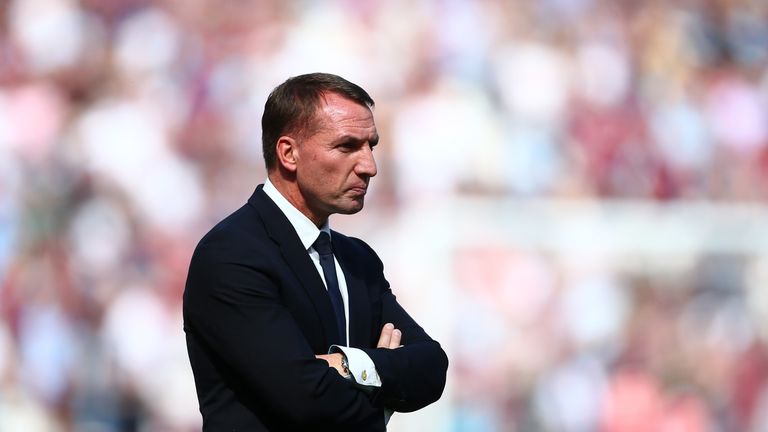 Brendan Rodgers, Manager of Leicester City looks on prior to the Premier League match between West Ham United and Leicester City at London Stadium on April 20, 2019 in London, United Kingdom.