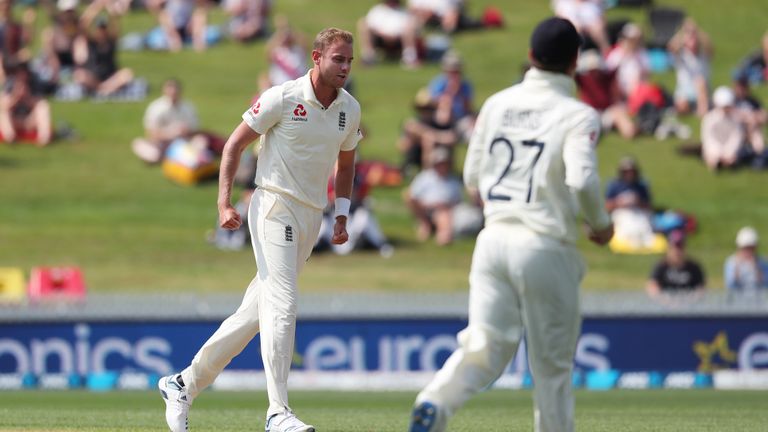 New Zealand v England - Second Test: Day 2
HAMILTON, NEW ZEALAND - NOVEMBER 30: England’s Stuart Broad celebrates the wicket of New Zealand’s Tom Latham during day 2 of the second Test match between New Zealand and England at Seddon Park on November 30, 2019 in Hamilton, New Zealand.