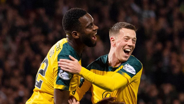 Celtic's Callum McGregor celebrates with Odsonne Edouard after he makes it 2-0