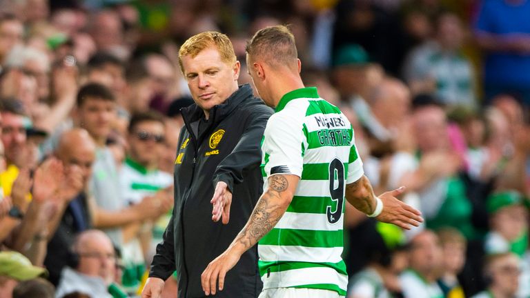 24/07/19 UEFA CHAMPIONS LEAGUE 2ND QUALIFYING ROUND 1ST LEG.CELTIC v NOMME KALJU (5-0).CELTIC PARK - GLASGOW.Celtic's Leigh Griffiths with Neil Lennon as he is replaced in the second half.