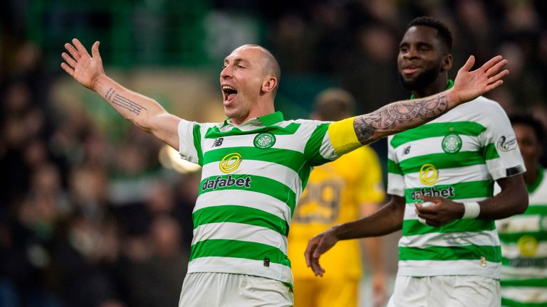 Celtic&#39;s Scott Brown celebrates making it 2-0 during the Ladbrokes Premiership match between Celtic and Livingston, at Celtic Park,