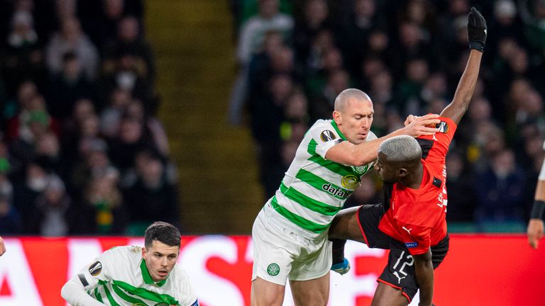 Celtic’s Scott Brown challenges Rennes’ James Lea Silliki 