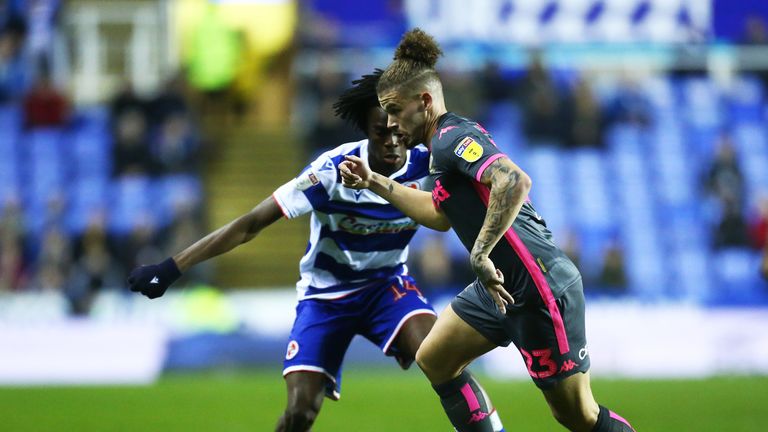 Kalvin Phillips of Leeds tangles with Ovie Ejaria of Reading
