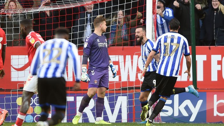 Charlton Athletic v Sheffield Wednesday - Sky Bet Championship - The Valley | Sheffield Wednesday's Steven Fletcher celebrates scoring their second goal from the penalty spot by screaming in the face of Charlton Athletic goalkeeper Dillon Phillips | 30 November 2019