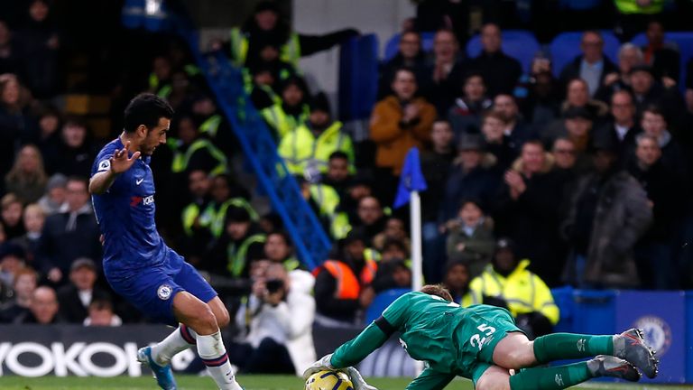 West Ham 'keeper David Martin stops a shot off Chelsea's Pedro