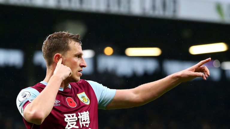 Chris Wood celebrates after doubling Burnley's lead against West Ham at Turf Moor