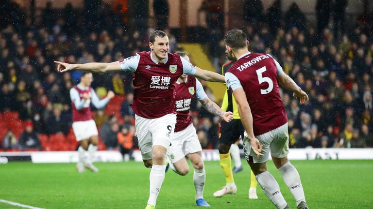 Chris Wood celebrates his goal at Vicarage Road