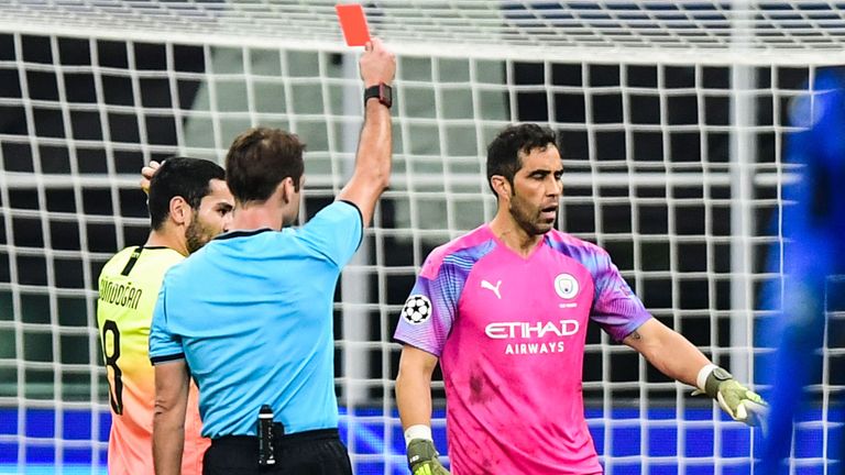 Half-time substitute Claudio Bravo was sent off for a tackle outside the box on Josip Ilicic