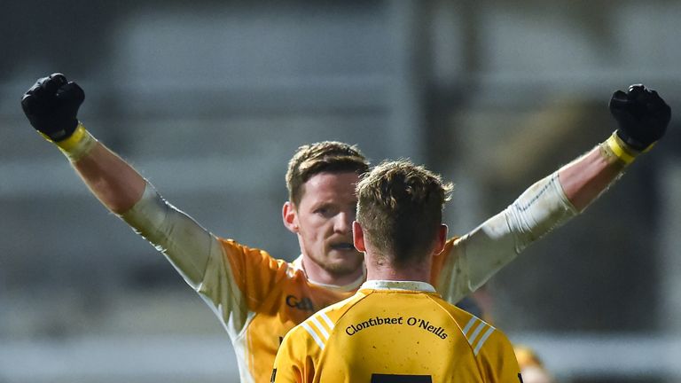 Conor McManus and Jack Gormley celebrate Clontibret's Ulster quarter-final win over Crossmaglen